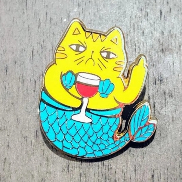 Grumpy Mermaid Wine Cat Pin - Picture 1 of 7